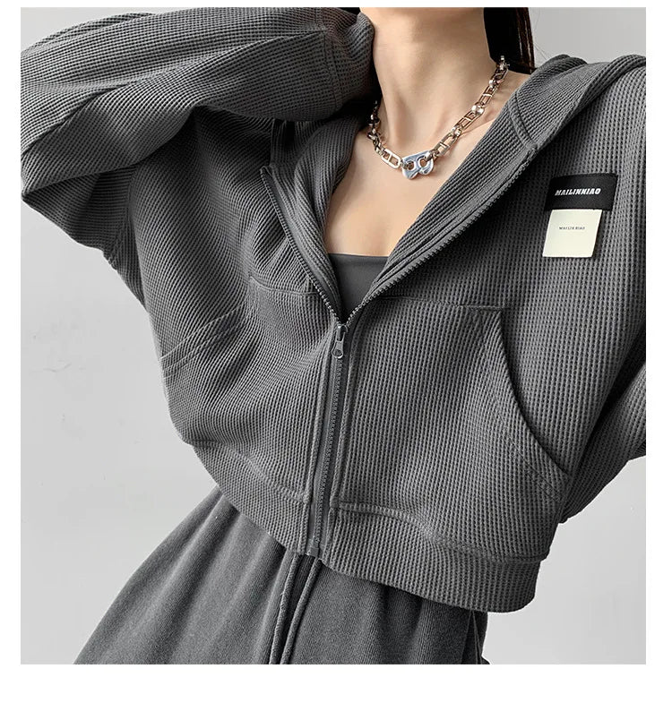 Harajuku Women Sweatshirts Korean Fashion Sportswear Female Zip Up Hoodies Vintage Streetwear Basic Casual Cropped Top Autumn