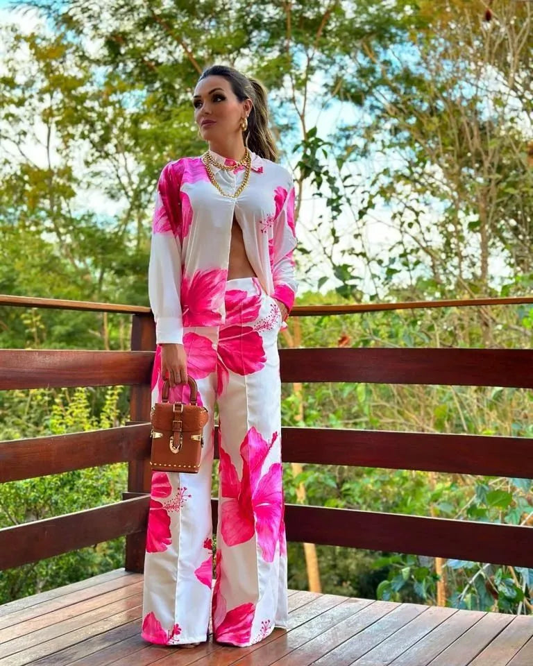 2023 Women's Casual Daily Shirt Set Floral Fashion Printed Shirt Spring Autumn Wide Leg Pants Women's Office Two-piece Set