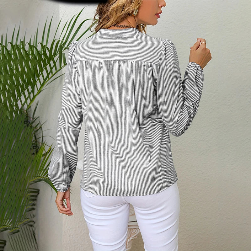 Women's shirt striped design multi-color style summer V-neck commuter white-collar white-collar work fashion long-sleeved new ca