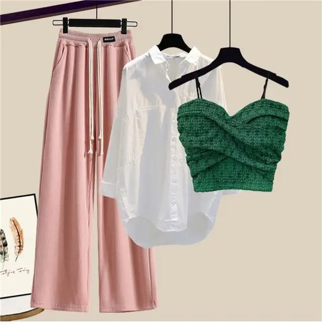 2023 Summer New Wide Free Casual Wide Leg Trousers White Shirt Wave Bra Vest Three Piece Elegant Women's Pants Set Tracksuit