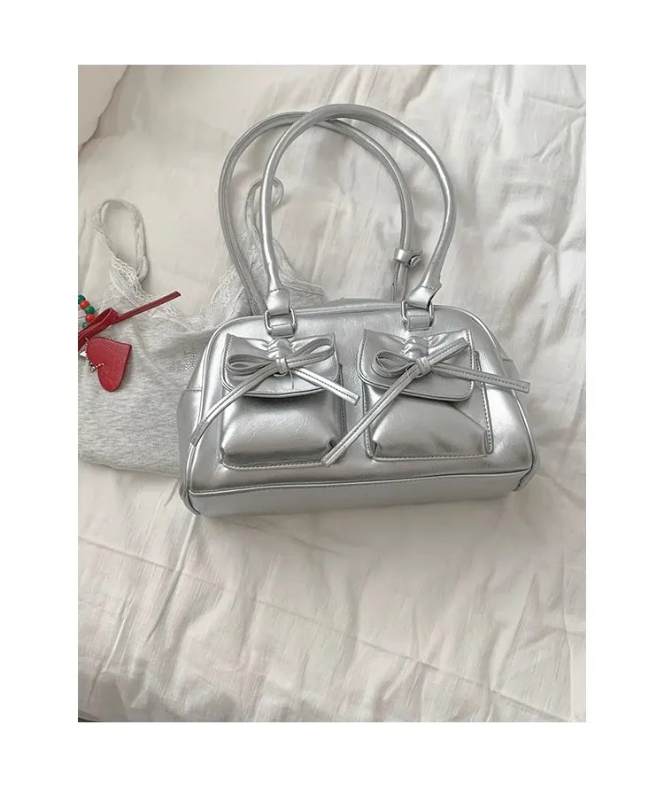 Xiuya Silver Pleated Womens Shoulder Bag Elegant Gentle Korean Fashion Leather Handbag Bow Sweet New Simple Ladies Boston Bag