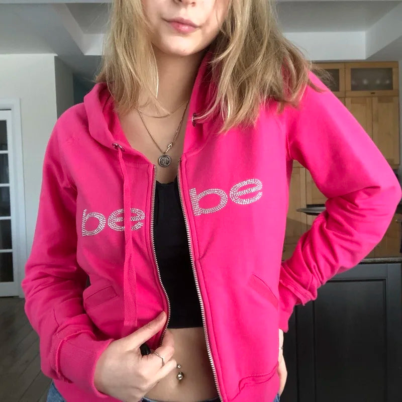 Y2k retro street Harajuku traf stitch hoodie pink stitch sweater warm rhinestone printed jogging top long sleeve clothes