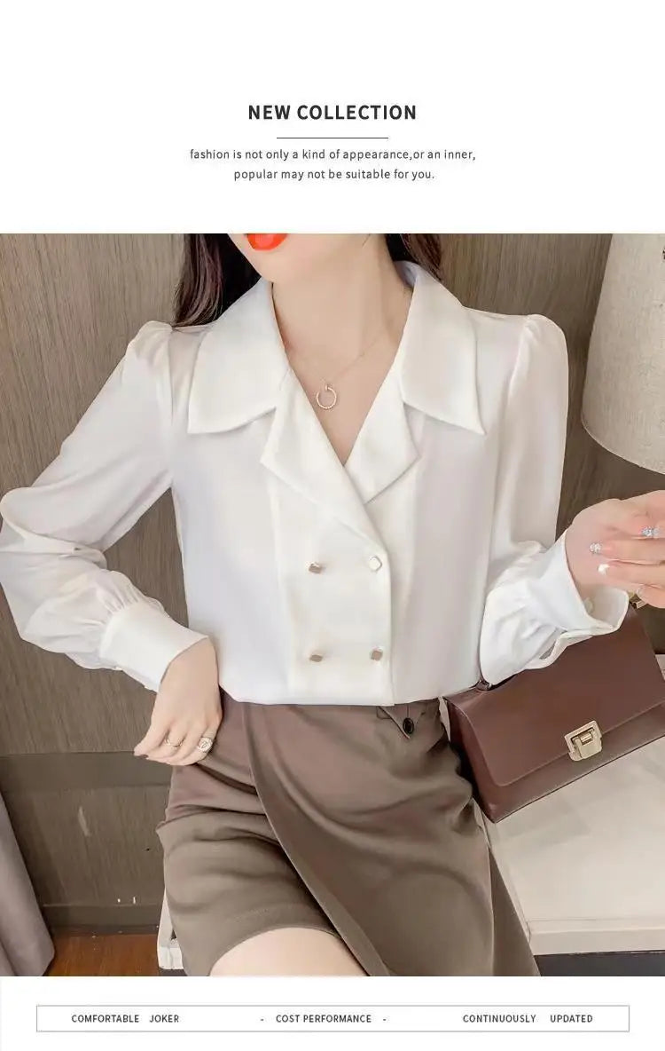 Double Breasted French Turn Down Collar Long-sleeve Solid Top Office Lady Shirt And Blouses Casual Woman Clothing Simple Elegant
