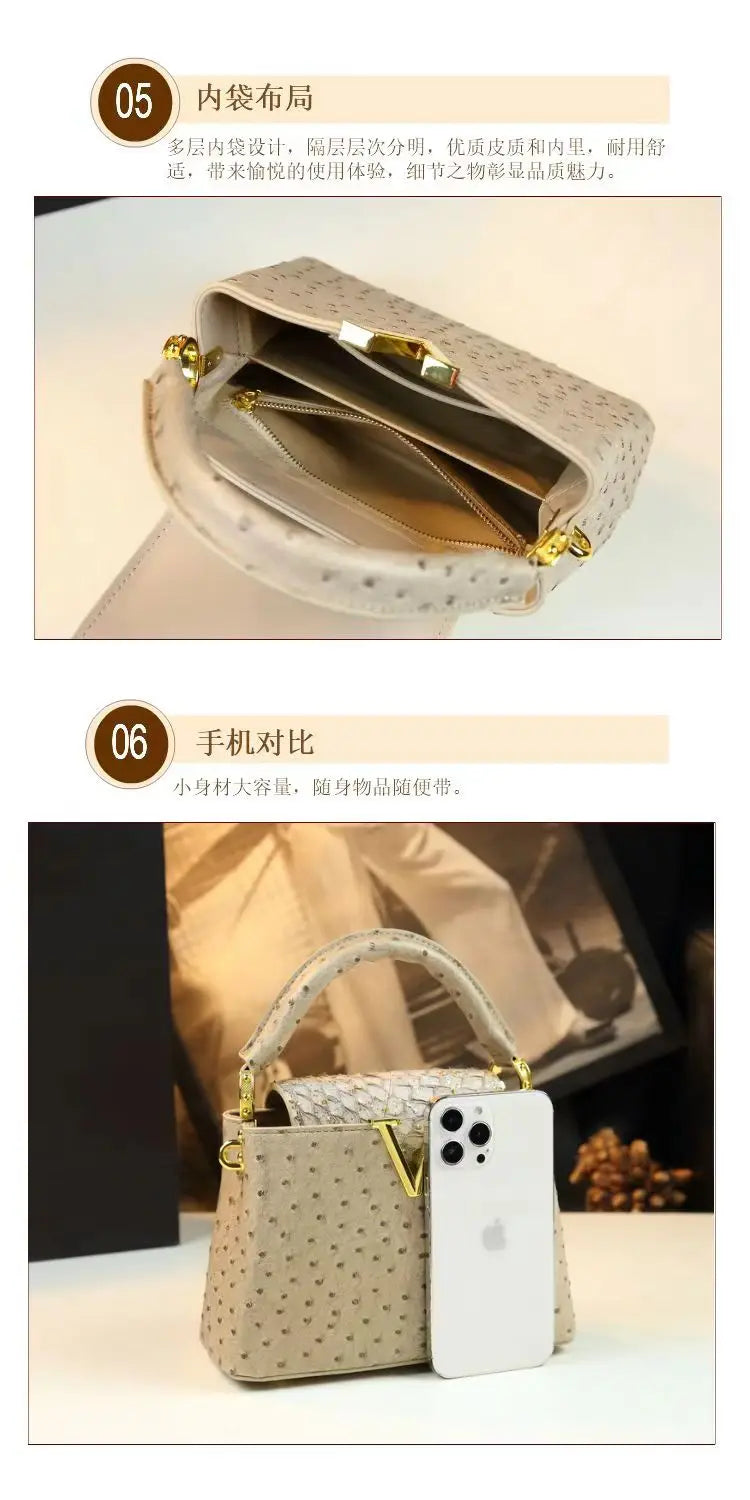 Fashion Luxury Leather Women's Handbags V Letter Small Shoulder Crossbody Bag Niche Ostrich Print Portable Messenger Shell Bags