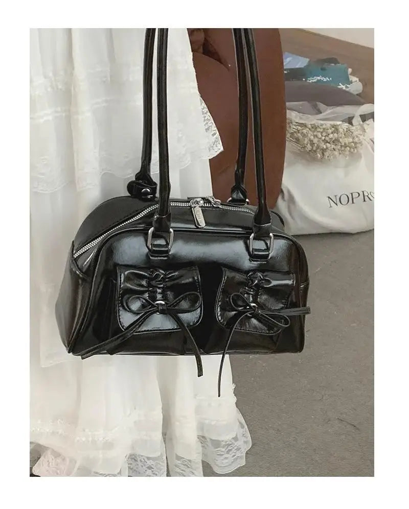 Xiuya Silver Pleated Womens Shoulder Bag Elegant Gentle Korean Fashion Leather Handbag Bow Sweet New Simple Ladies Boston Bag
