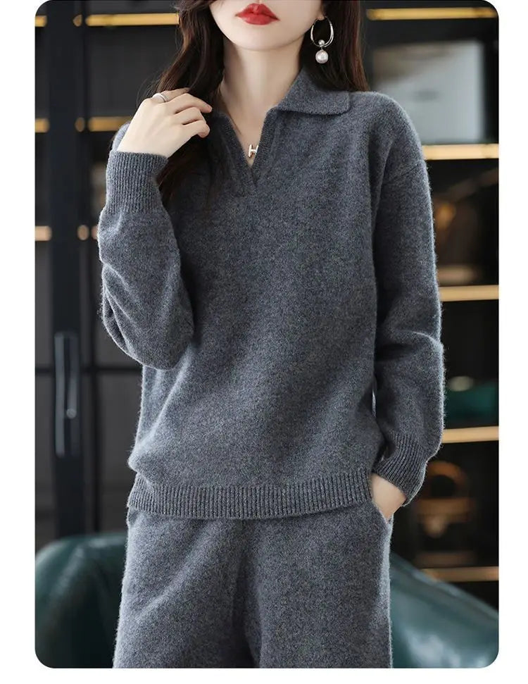 Knitted Suit Women's 2024 New Fashion Autumn Winter Long-sleeved Lapel Sweater+Wide leg pants Female Loose Casual Two-piece Sets