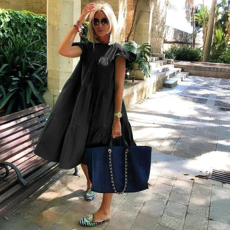 Women Ruff Sundress Elegant Casual Party Beach Vintage Swing Midi Dress 2022 Summer Solid Bohemian Oversized Vestidos Robe