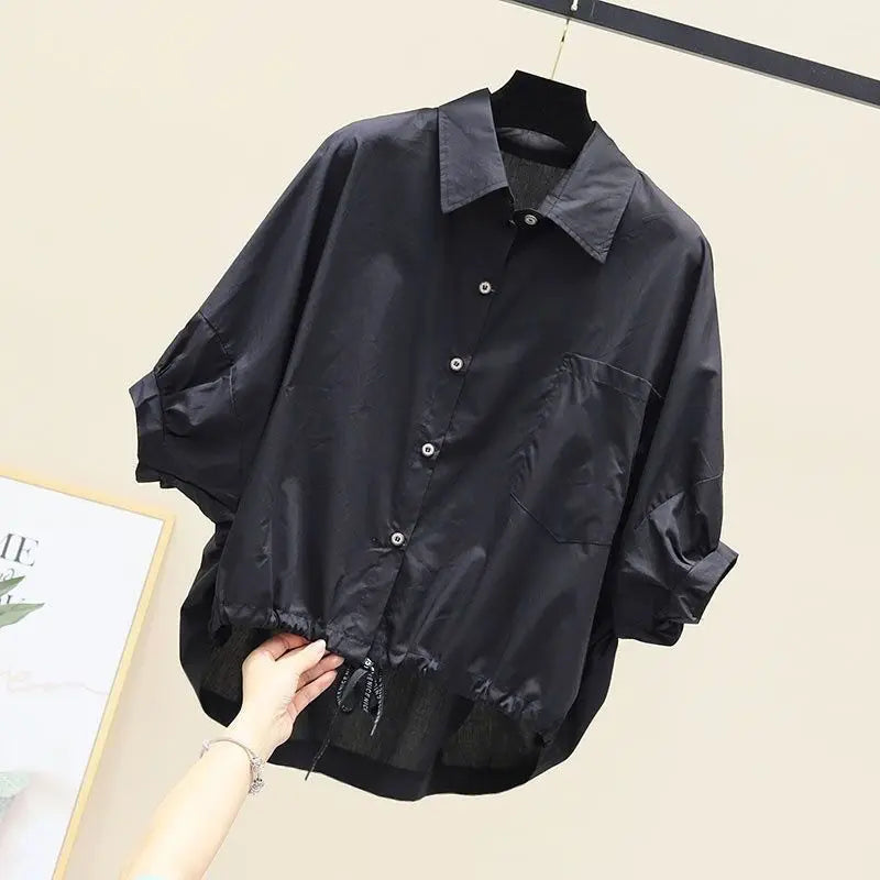 Summer New Bat Sleeve Pockets Shirt Women Loose Casual Short Sleeve Blouse Solid Lace Up Tops Half Shirts Lady High Street Trend