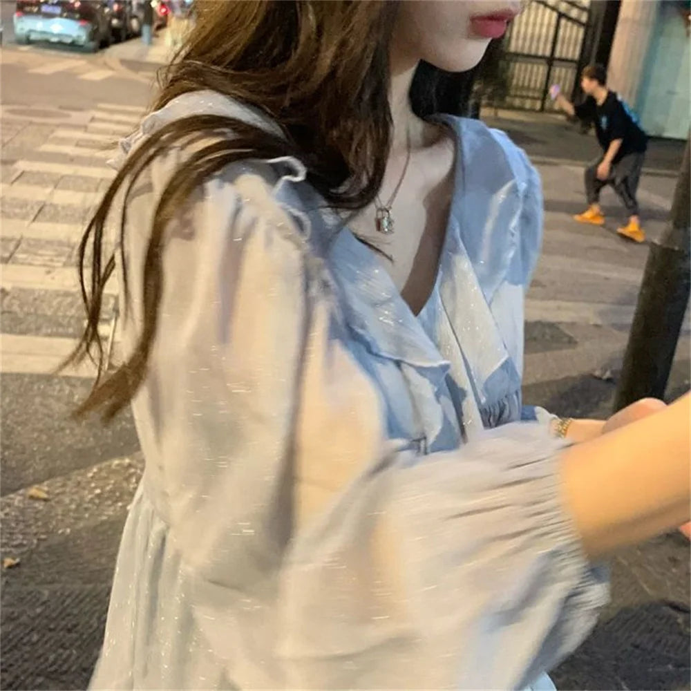 Blouse Women Elegant Ruffles Casual Solid New Chiffon Fashion Two-piece Daily Design Popular Basic Soft Tops Sweet Lady Shirts