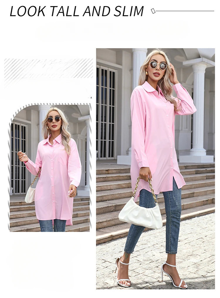 Long Shirt Women 2023 Vintage Pocket Shirts &Blouses Oversized Long Sleeve Blouse Fashion Women's Clothing Button Up Womens Tops