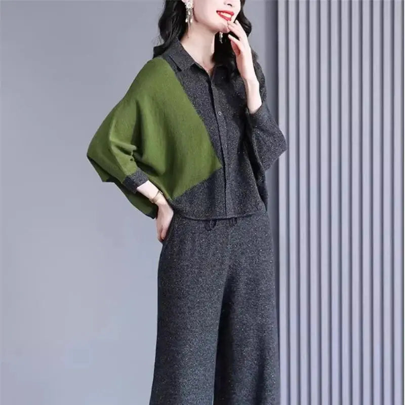 Self Made Knitted Two-piece Set for Women's 2024 Spring Clothing Set Socialite Temperament Wide Leg Pants Sweater Set Commuting