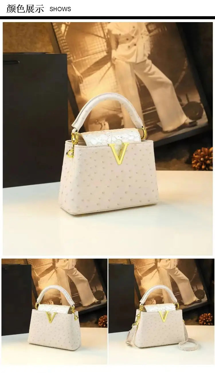 Fashion Luxury Leather Women's Handbags V Letter Small Shoulder Crossbody Bag Niche Ostrich Print Portable Messenger Shell Bags
