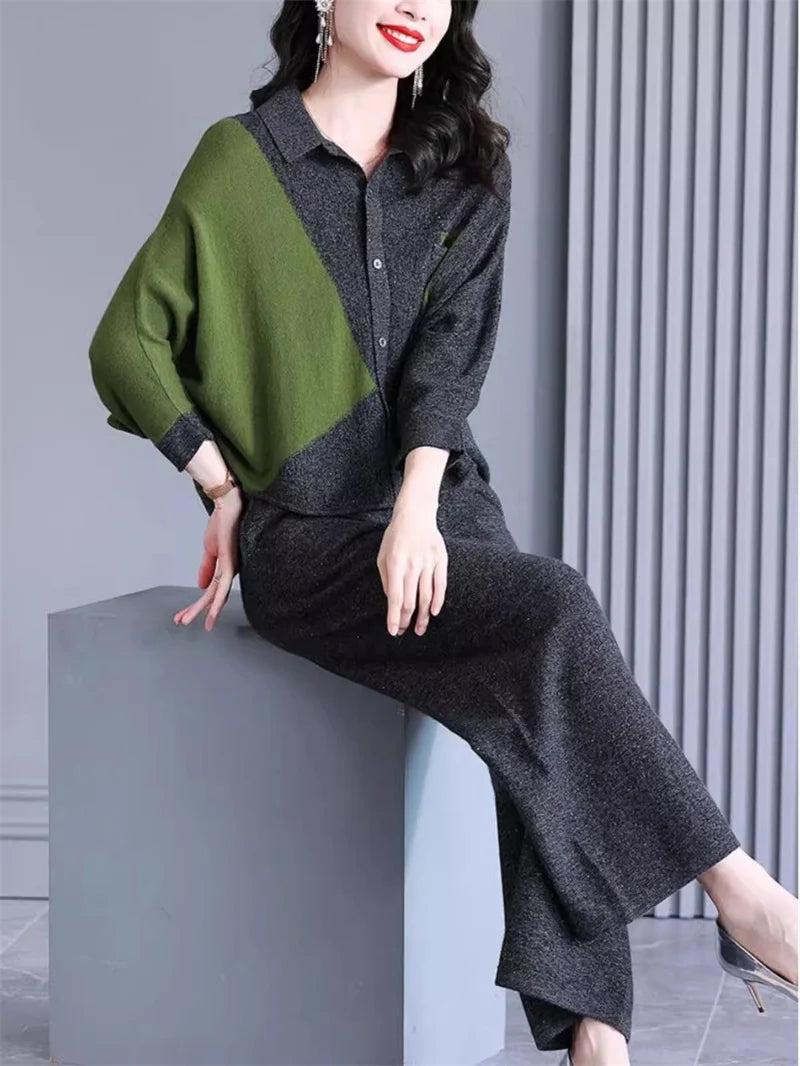 Self Made Knitted Two-piece Set for Women's 2024 Spring Clothing Set Socialite Temperament Wide Leg Pants Sweater Set Commuting