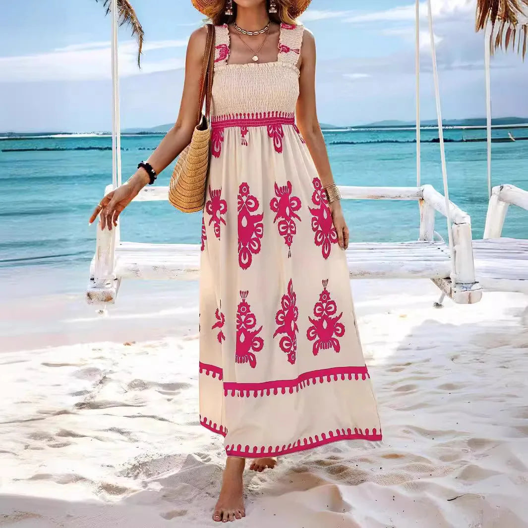 2024 New Women Summer Dress Straps Printed High Waist Sexy Backless Beach Dress Holiday New Robes Fashion Dresses