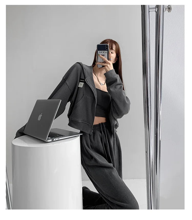 Harajuku Women Sweatshirts Korean Fashion Sportswear Female Zip Up Hoodies Vintage Streetwear Basic Casual Cropped Top Autumn