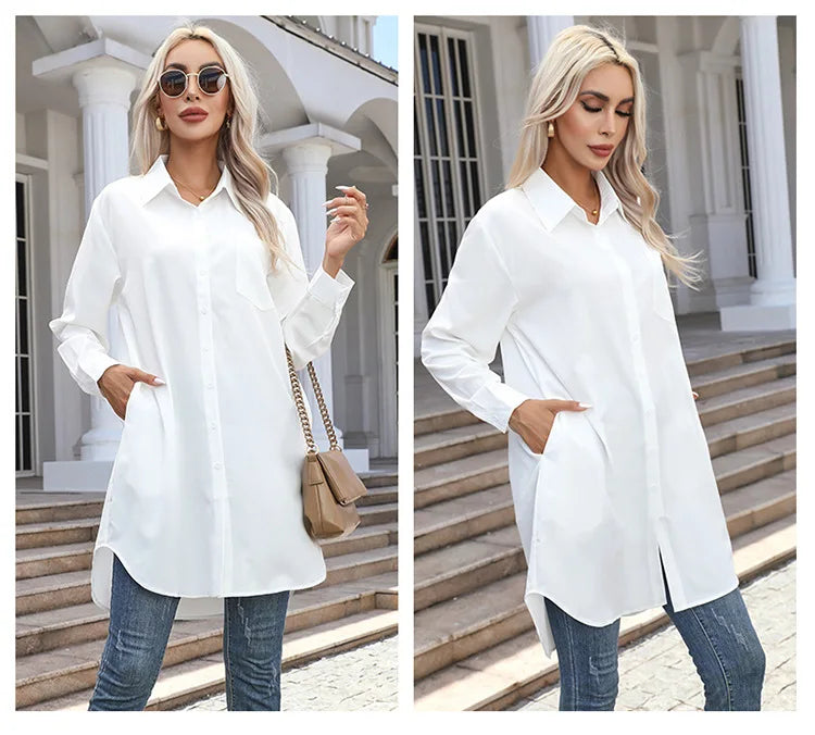 Long Shirt Women 2023 Vintage Pocket Shirts &Blouses Oversized Long Sleeve Blouse Fashion Women's Clothing Button Up Womens Tops