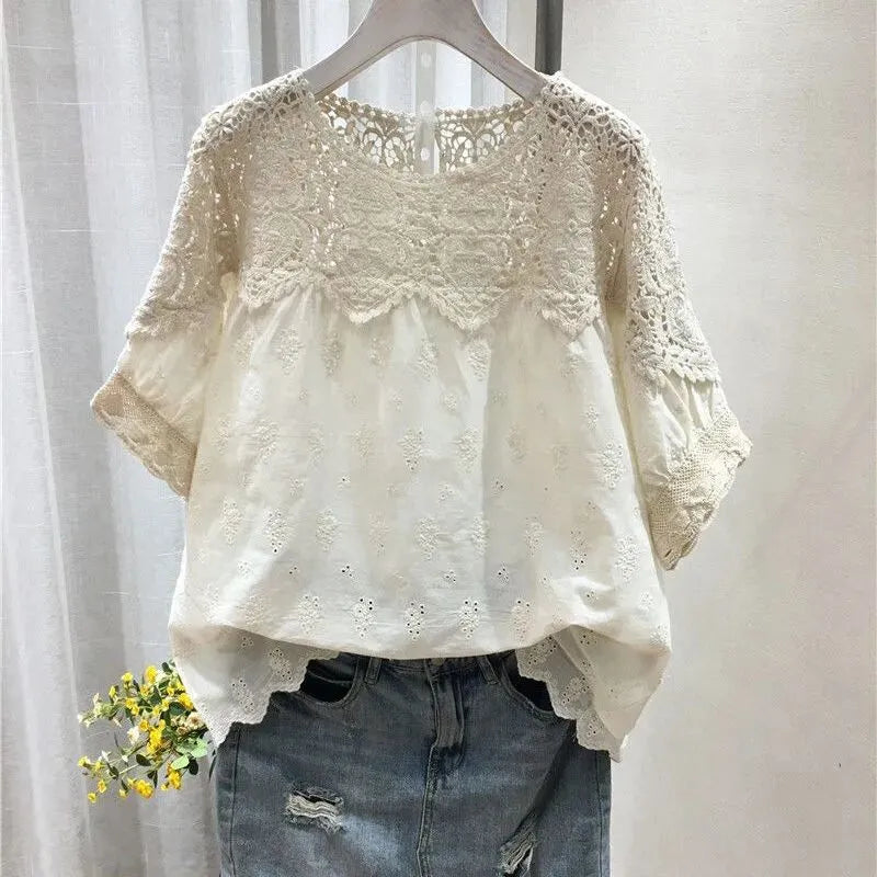 Embroidery Hollow Women Shirts Fashion Loose Short Sleeve Shirt Summer Comfortable Casual Female Tops O-Neck Ladies Clothes