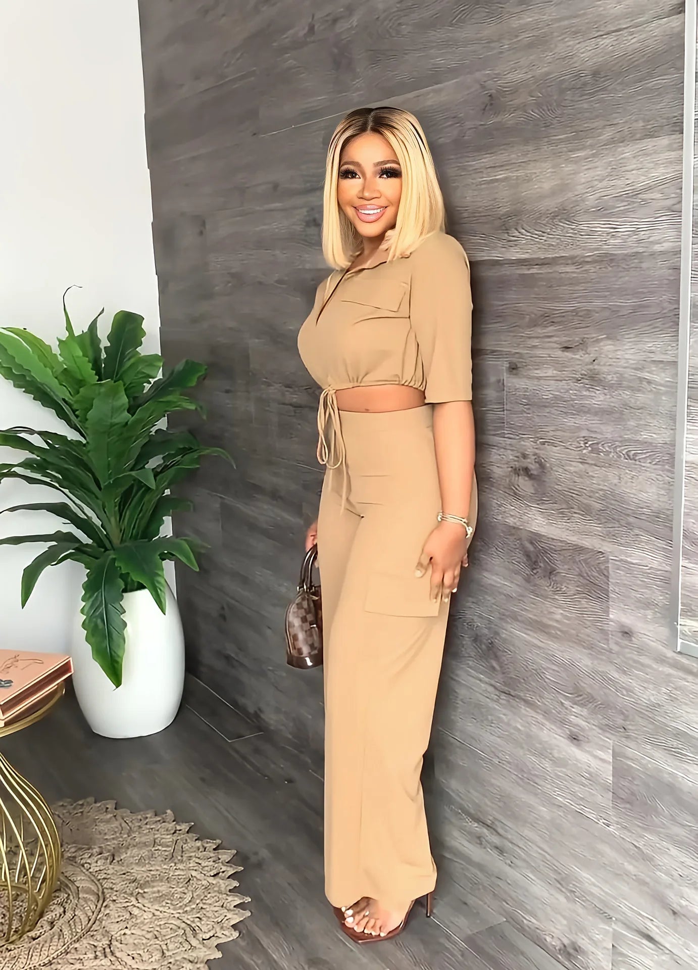 Elegant Women's Set Casual Drawstring Half Sleeve Short Blouse High Waist Straight Wide Leg Pant Suit Tracksuit Two Piece Outfit