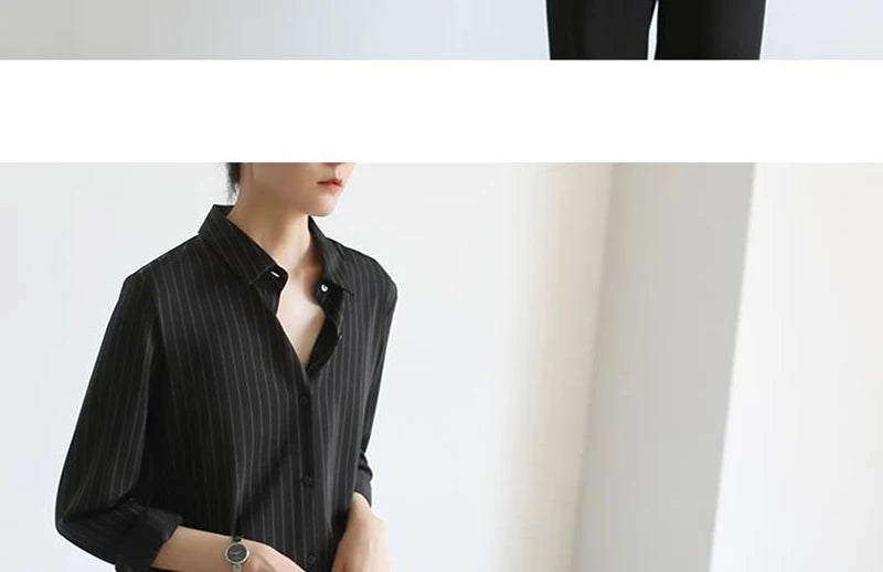 MEXZT Vintage Black Striped Shirts Women Office Long Sleeve Loose Casual Blouses Lady Korean Fashion Elegant Chic All Match Tops