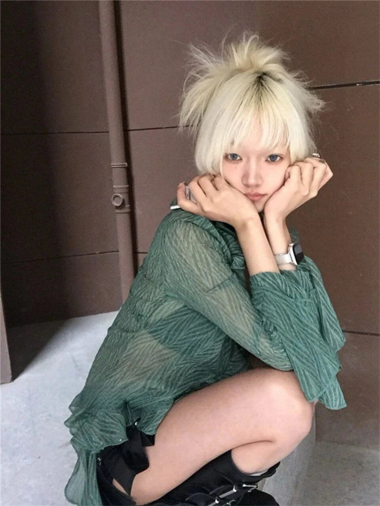 Japanese Y2k Lace Shirt Vintage 2000s Style Ruffles Blouses Grunge Aesthetics Irregular Green Shirts Retro 90s Sexy Cardigan