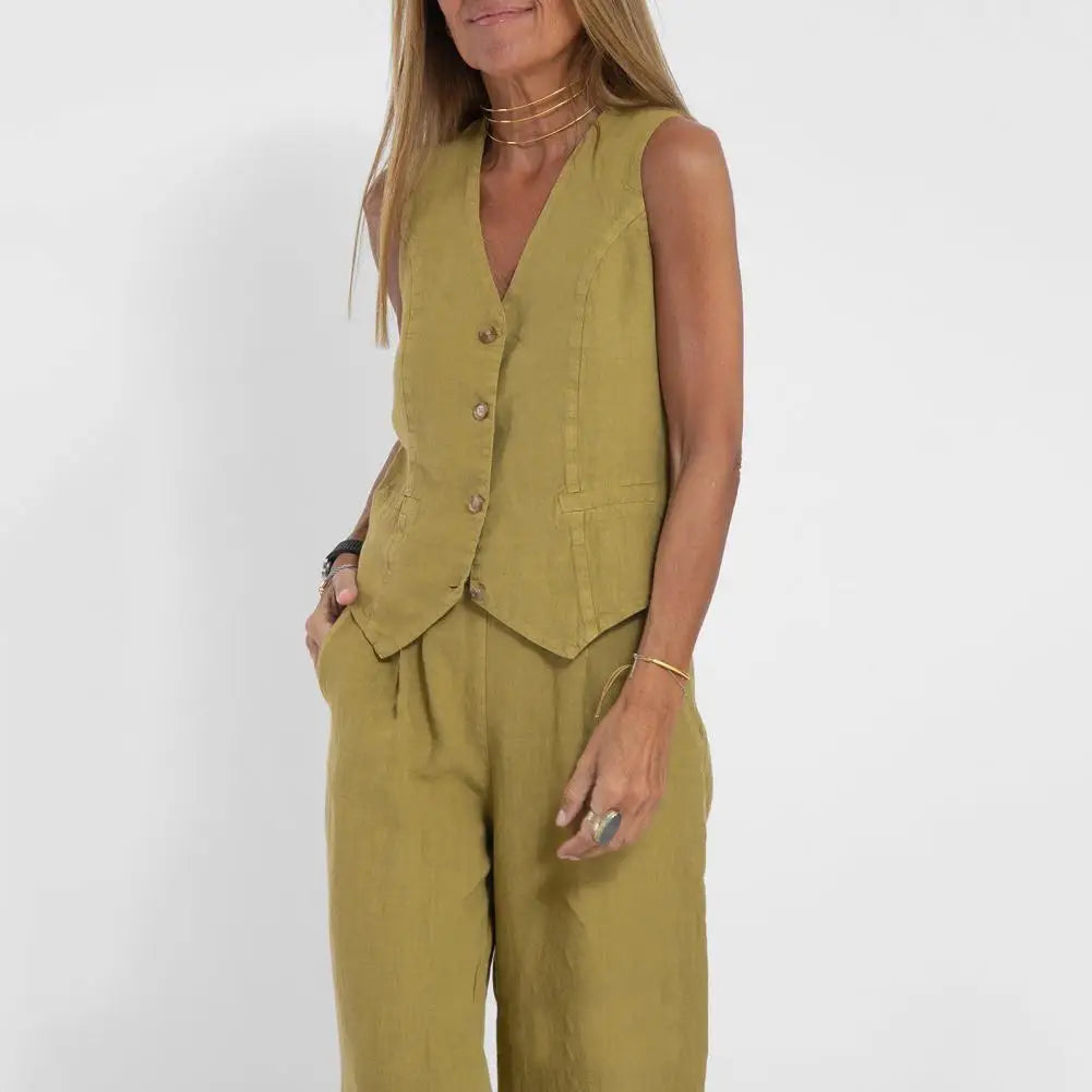 2 Piece Suit for Women Autumn Winter Suit Set Stylish Women's Cotton Linen Suit Sleeveless Vest Wide Leg Pants Set for Office