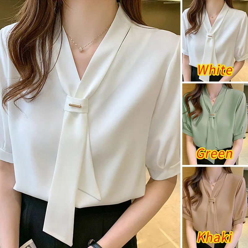 VONDA 2024 Summer Women Tops Fashion Casual Short Sleeve Chiffon Blouse Tie Shirts Loose Solid Color Tunic Blusas Femininas