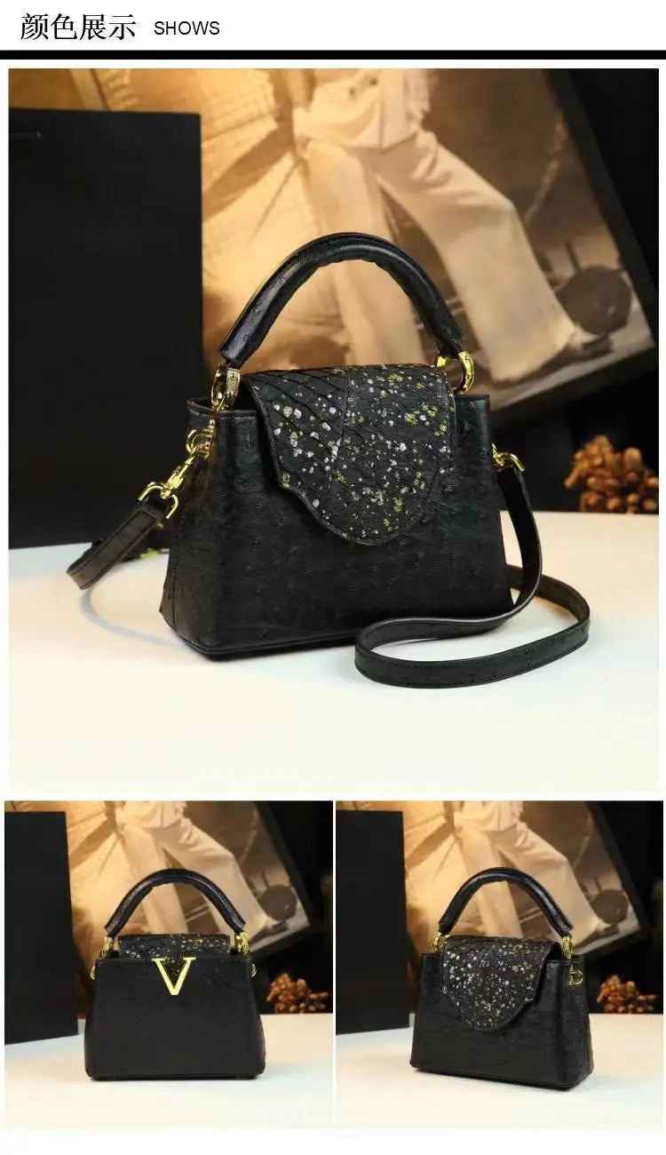 Fashion Luxury Leather Women's Handbags V Letter Small Shoulder Crossbody Bag Niche Ostrich Print Portable Messenger Shell Bags