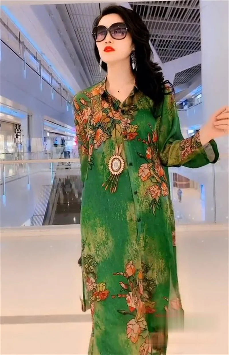 5XL Summer Sets Large Silk Wide Leg Trouser Set Women's Spring 2023 New Print Silk Fashion Slim Two Piece Set Female Elegant