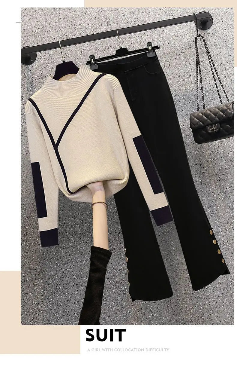 Fashionable Women's Set 2023 Autumn/Winter New Korean Edition Style Design Sense Knitted Sweater Casual Pants Two-piece Set