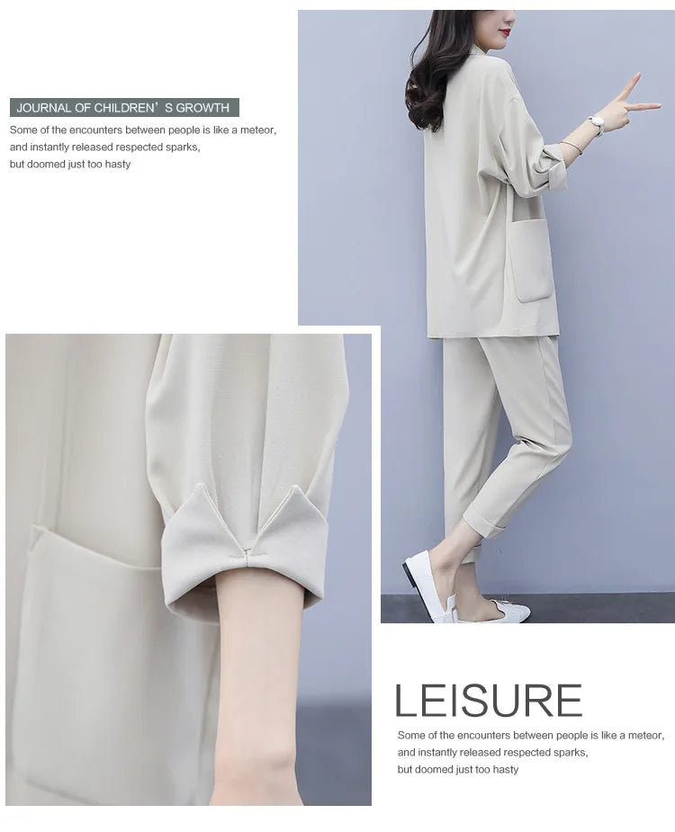 Spring and Autumn New Fashion Plus Size Women's Three Piece Suit Cotton Blended Single Button Coat Nine Point Pants Office