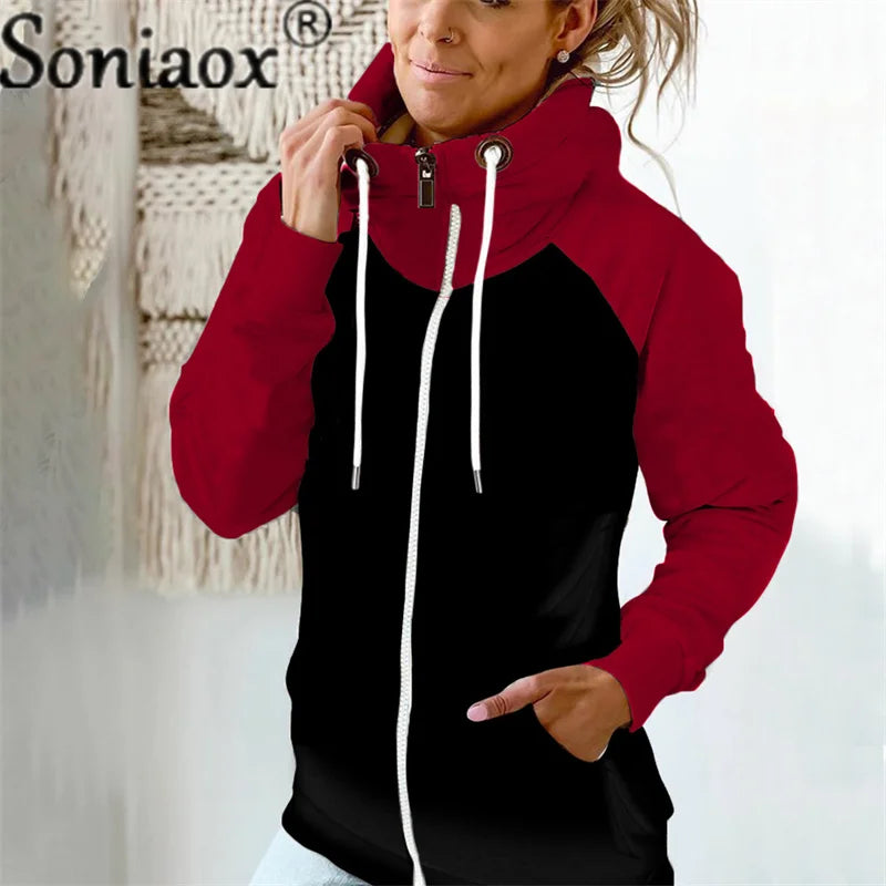 Casual Color Block Sweatshirt Women Zip Up Hoodies Cardigan Long Sleeve Loose Hooded Sweatshirts Coats Jackets Streetwear Tops