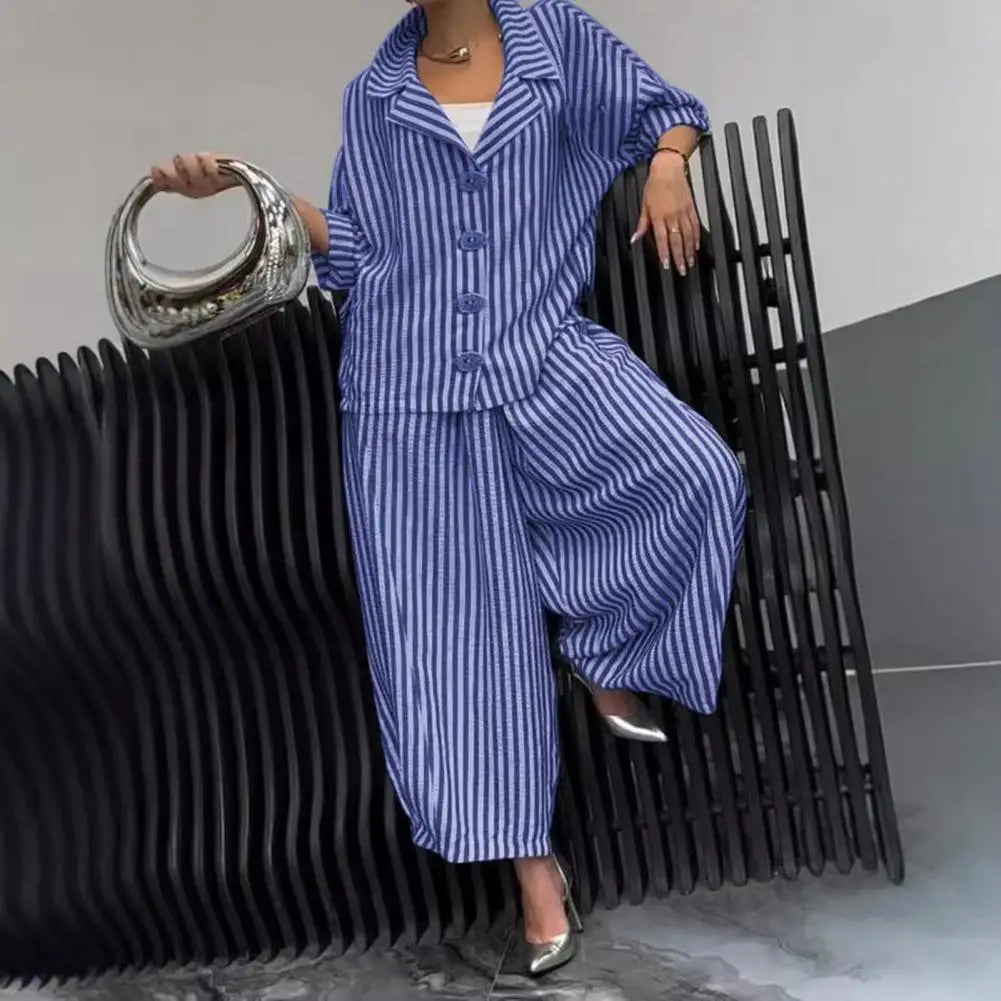 Wide-leg Pants Suit for Women Autumn Women's Casual Suit with Long-sleeved Shirt Top Wide-leg Harem Pants Lapel Striped