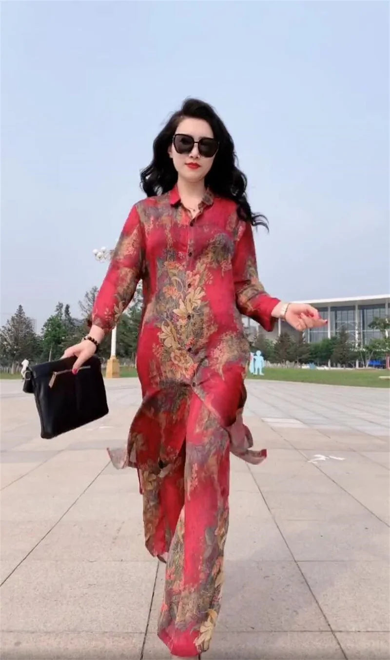 5XL Summer Sets Large Silk Wide Leg Trouser Set Women's Spring 2023 New Print Silk Fashion Slim Two Piece Set Female Elegant