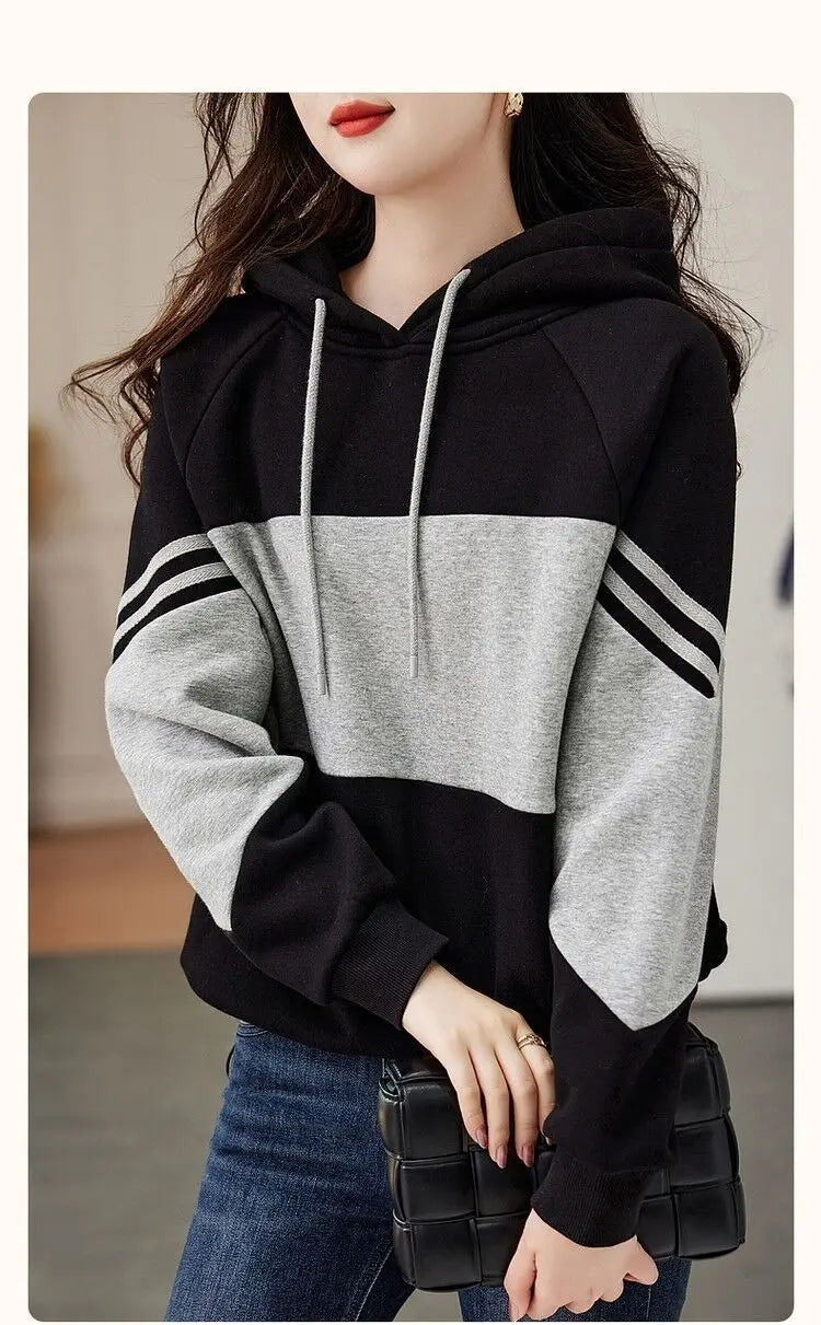 Autumn Winter Loose Casual Patchwork Hoodies Ladies Simple Fashion All-match Pullover Top Women Hooded Sweatshirt Female Clothes