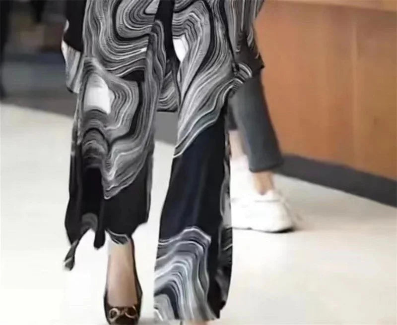 5XL Summer Sets Large Silk Wide Leg Trouser Set Women's Spring 2023 New Print Silk Fashion Slim Two Piece Set Female Elegant