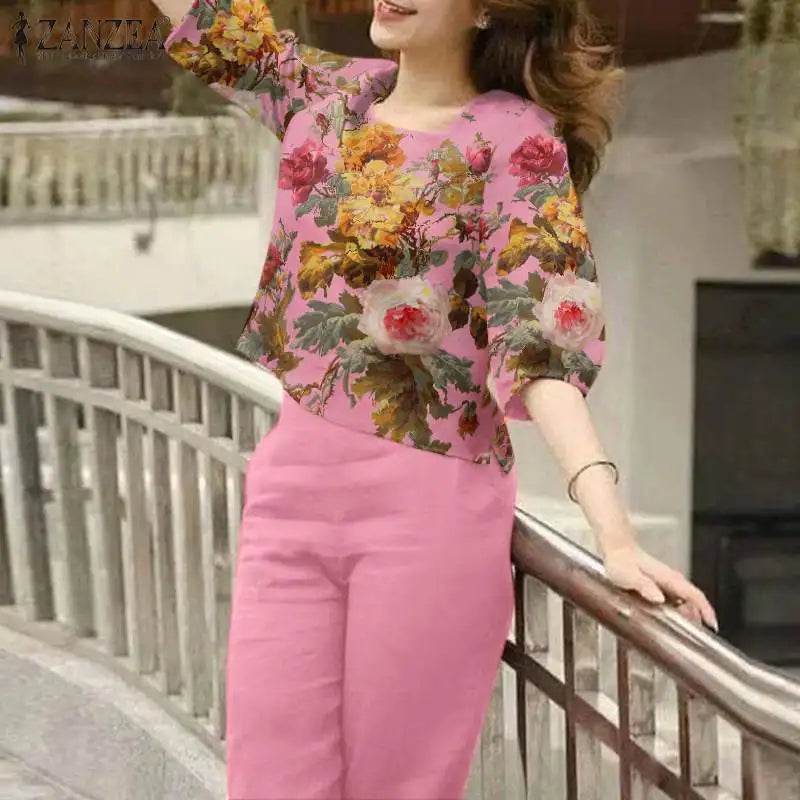 2024 Summer Floral Tracksuits ZANZEA Bohemain Female Blouse Pant Sets Women Fashion Printed Matching Sets Elegant OL Work Suits