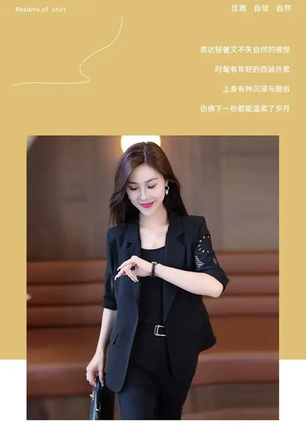 2023 Autumn New Vintage Hollow Short Sleeve Jacket with Tank Top Casual Pants Three Piece Elegant Women's Pants Suit Office Set