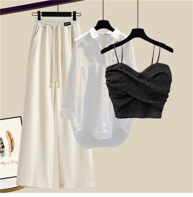 2023 Summer New Wide Free Casual Wide Leg Trousers White Shirt Wave Bra Vest Three Piece Elegant Women's Pants Set Tracksuit