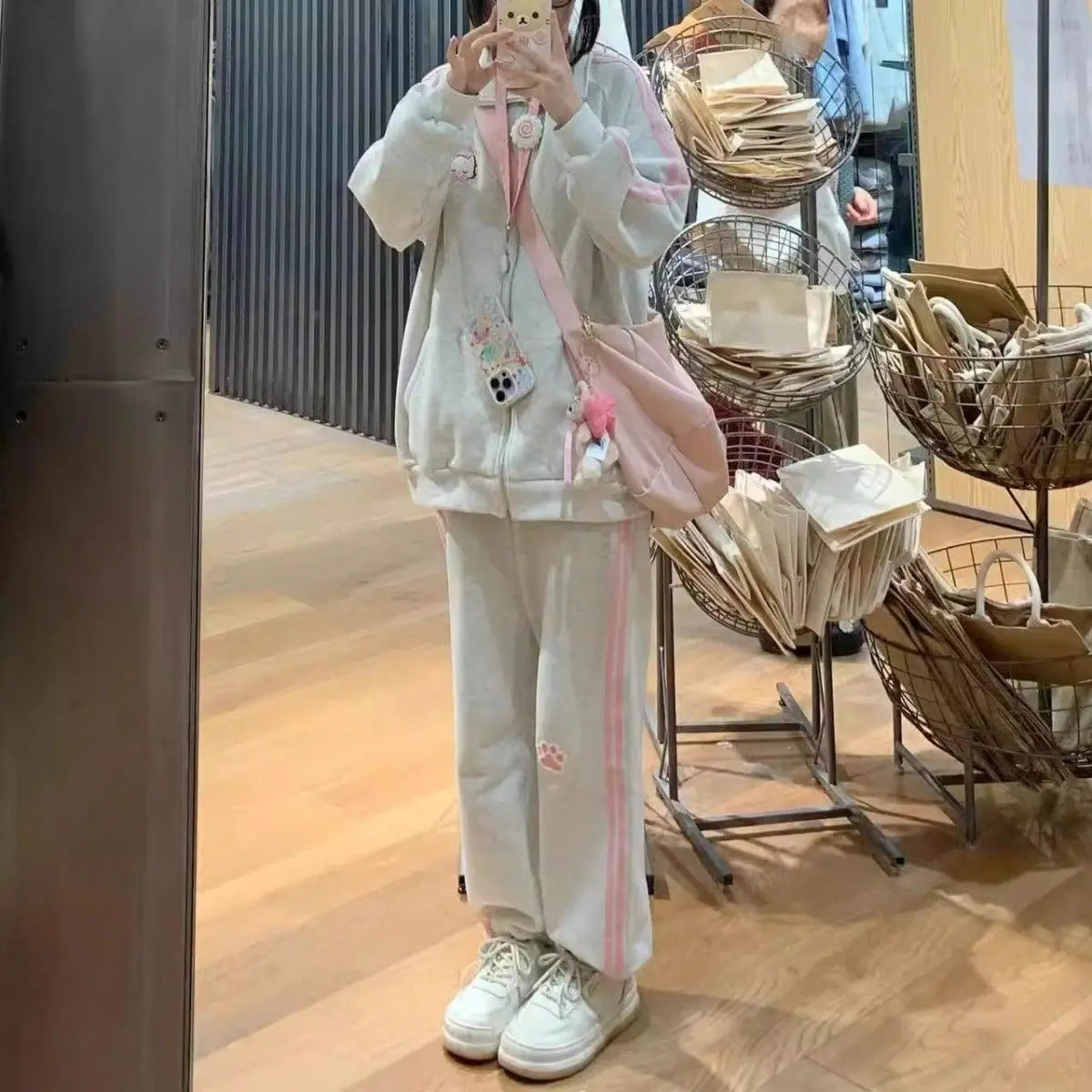 HOUZHOU Japanese Fashion Kawaii Zipper Hoodie Women Harajuku Cute Pink Cat Embroidery Oversized Hooded Sweatshirt Winter 2023