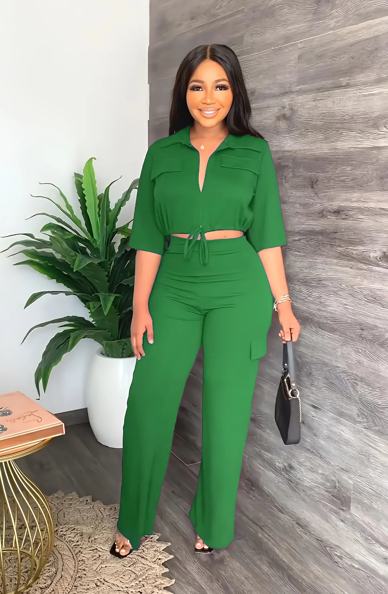 Elegant Women's Set Casual Drawstring Half Sleeve Short Blouse High Waist Straight Wide Leg Pant Suit Tracksuit Two Piece Outfit