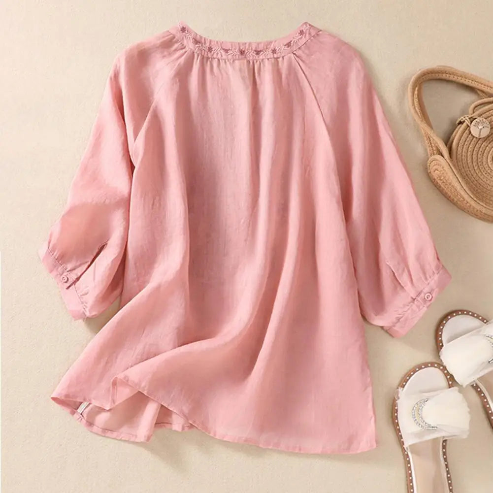Cotton Linen Flower Embroidery Shirt Women Three Quarter Sleeves V Neck Casual Blouse Loose Solid Color Mother Blouse Women Top