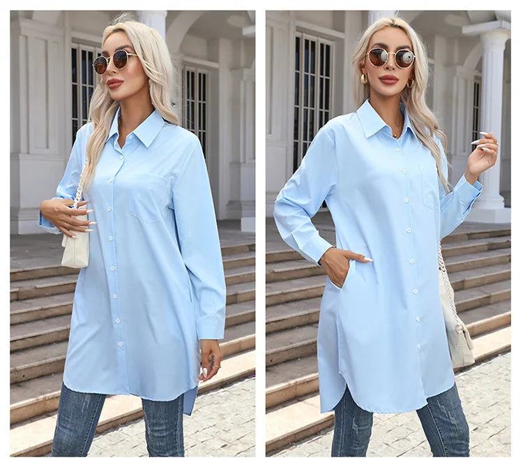 Long Shirt Women 2023 Vintage Pocket Shirts &Blouses Oversized Long Sleeve Blouse Fashion Women's Clothing Button Up Womens Tops