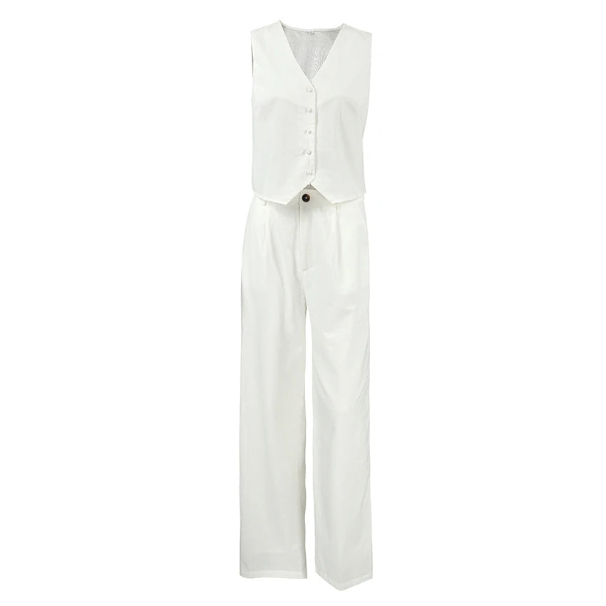 Mnealways18 White Cotton Pants Women's 2-Piece Set Clothing Linen Blazers Tops And Wide Leg Pants Elegant Women's Ensembles 2024