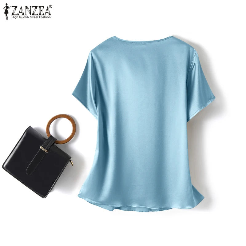 ZANZEA Women Short Sleeve Solid Shirt Summer Fashion Satin Blouse Female Casual OL Work Tunic Tops Elegant Loose Blsuas Oversize