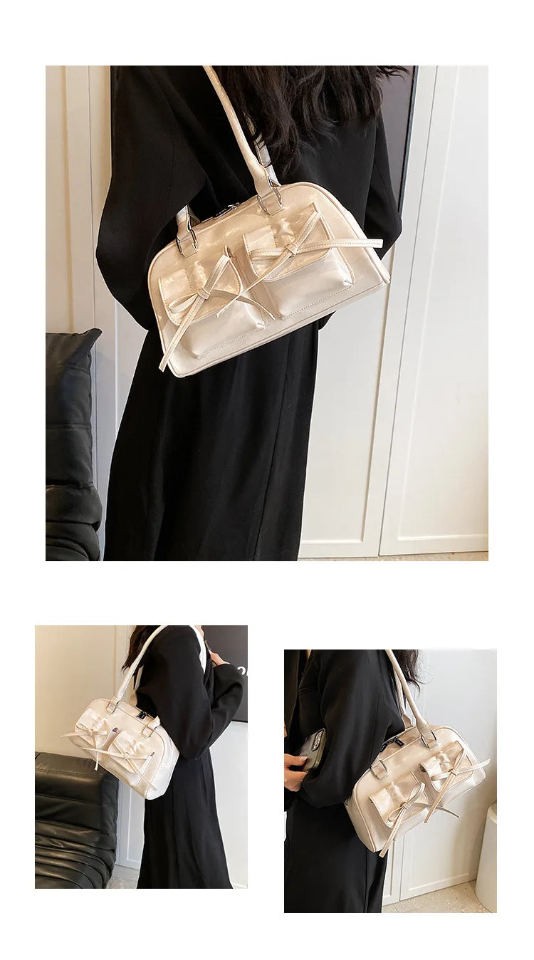 Xiuya Silver Pleated Womens Shoulder Bag Elegant Gentle Korean Fashion Leather Handbag Bow Sweet New Simple Ladies Boston Bag