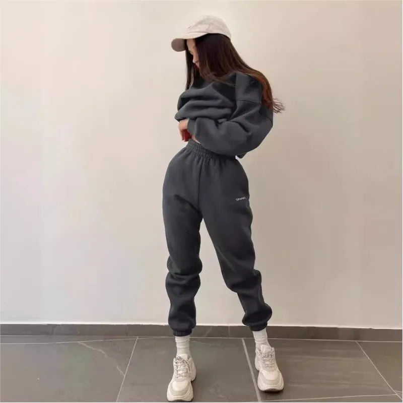 Autumn Hoodie Two Piece Sets Casual Long Sleeve Sweatshirts and Trousers Fleece Warm Two Piece Sets Lady Suit Women's Tracksuit