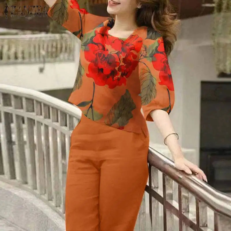 2024 Summer Floral Tracksuits ZANZEA Bohemain Female Blouse Pant Sets Women Fashion Printed Matching Sets Elegant OL Work Suits