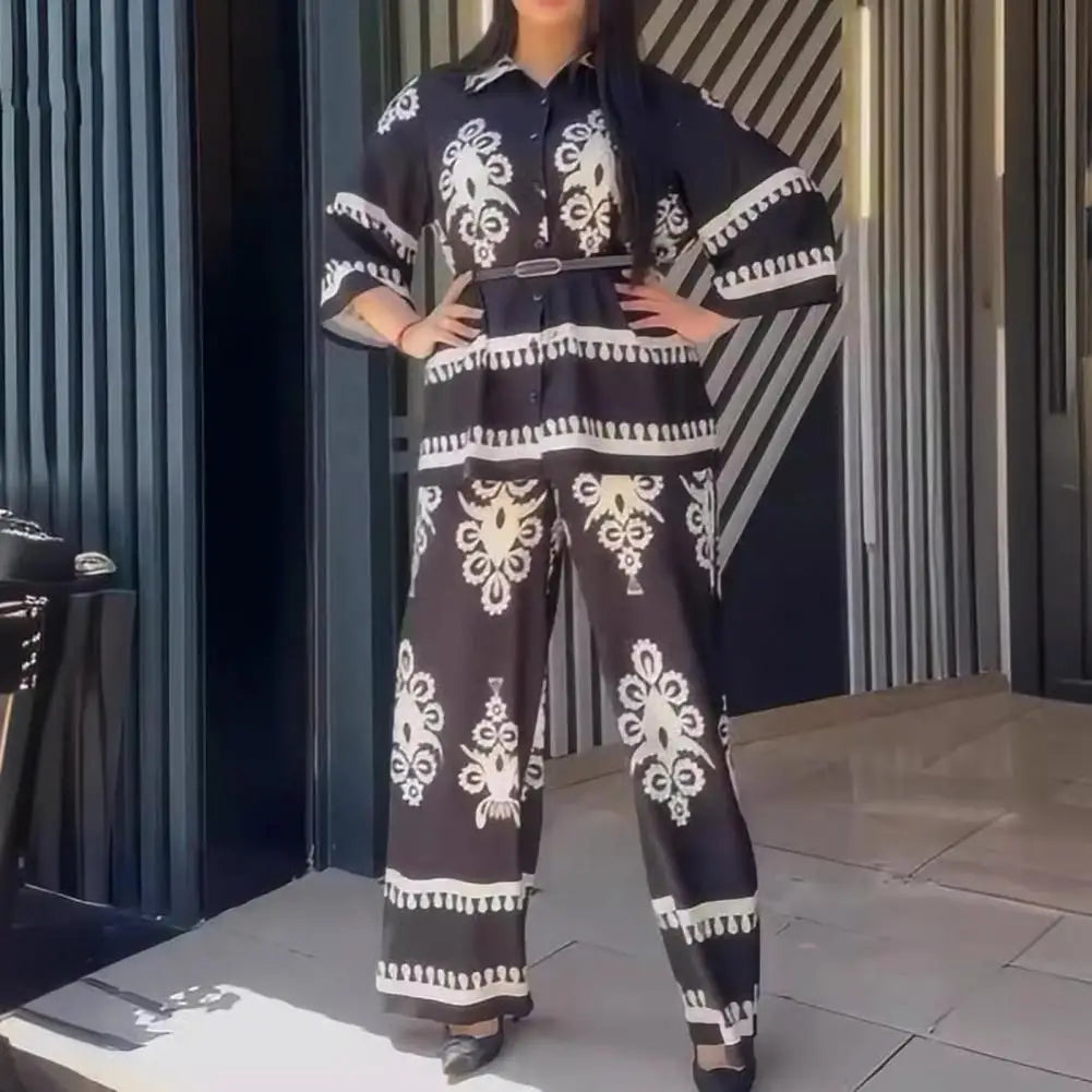 Women Wide-leg Pants Suit Women's Contrast Color Shirt Pants Set with Turn-down Collar Three Quarter Sleeve Top Wide Leg Elastic