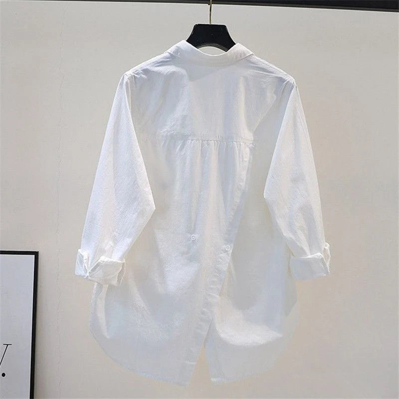 Women's Simple Casual Asymmetrical Oversized Cotton Button Up Long Sleeve Tunic Shirts Solid Streetwear Top Blouse Blusas Mujer
