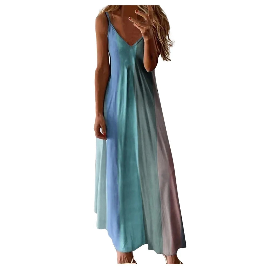 Women's Summer Casual Loose Strap Dress Sexy Beach Boho Maxi Dress Large Size Long Dresses Female Robe Femme